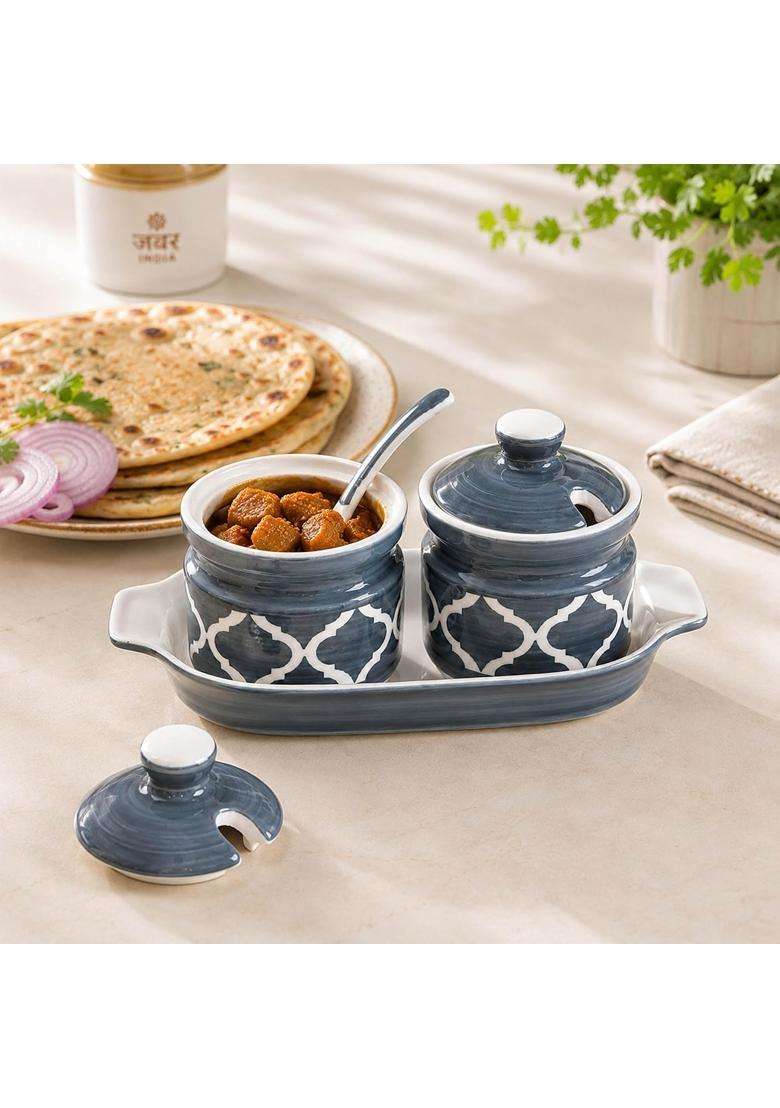 The Earth Store Grey Ceramic Pickle Jar with Tray and Spoon | 250 ml | 8.5 fl oz | With Lid - Indya