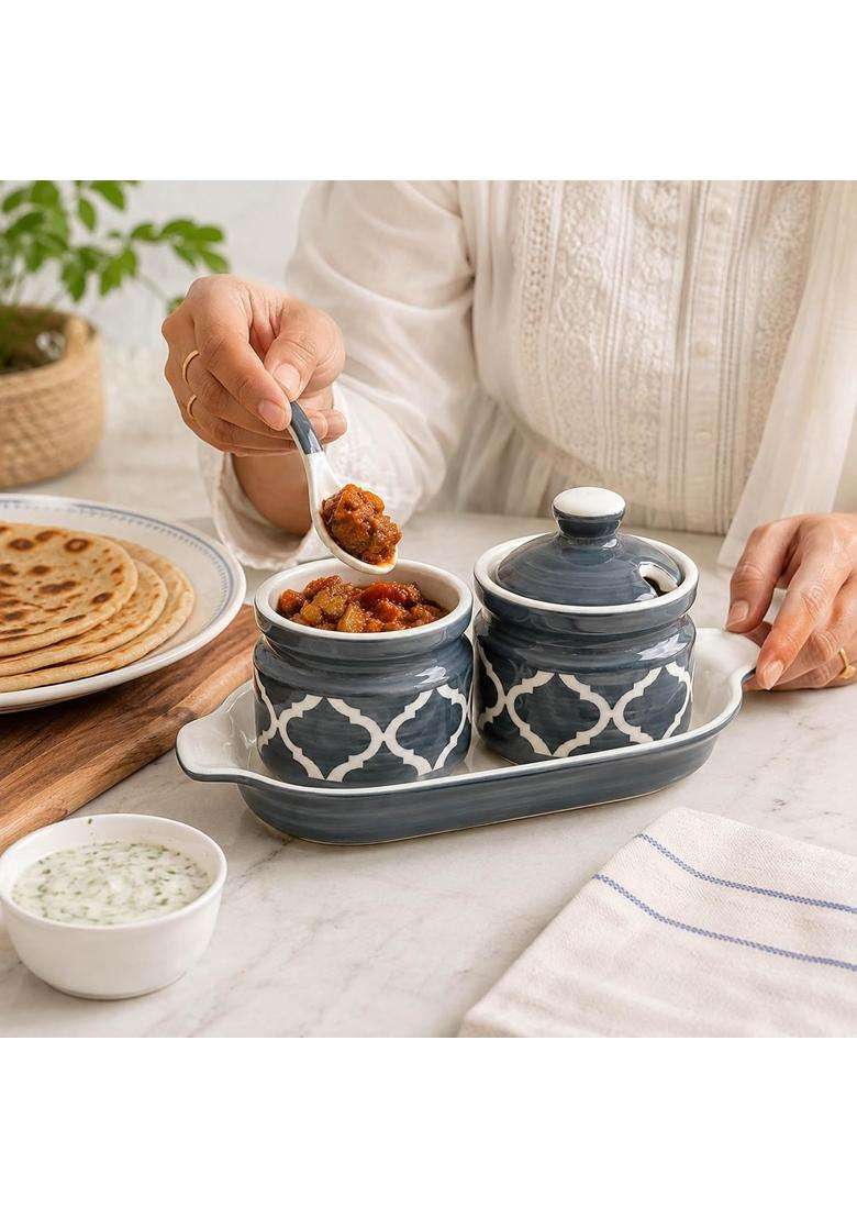 The Earth Store Grey Ceramic Pickle Jar with Tray and Spoon | 250 ml | 8.5 fl oz | With Lid - Indya