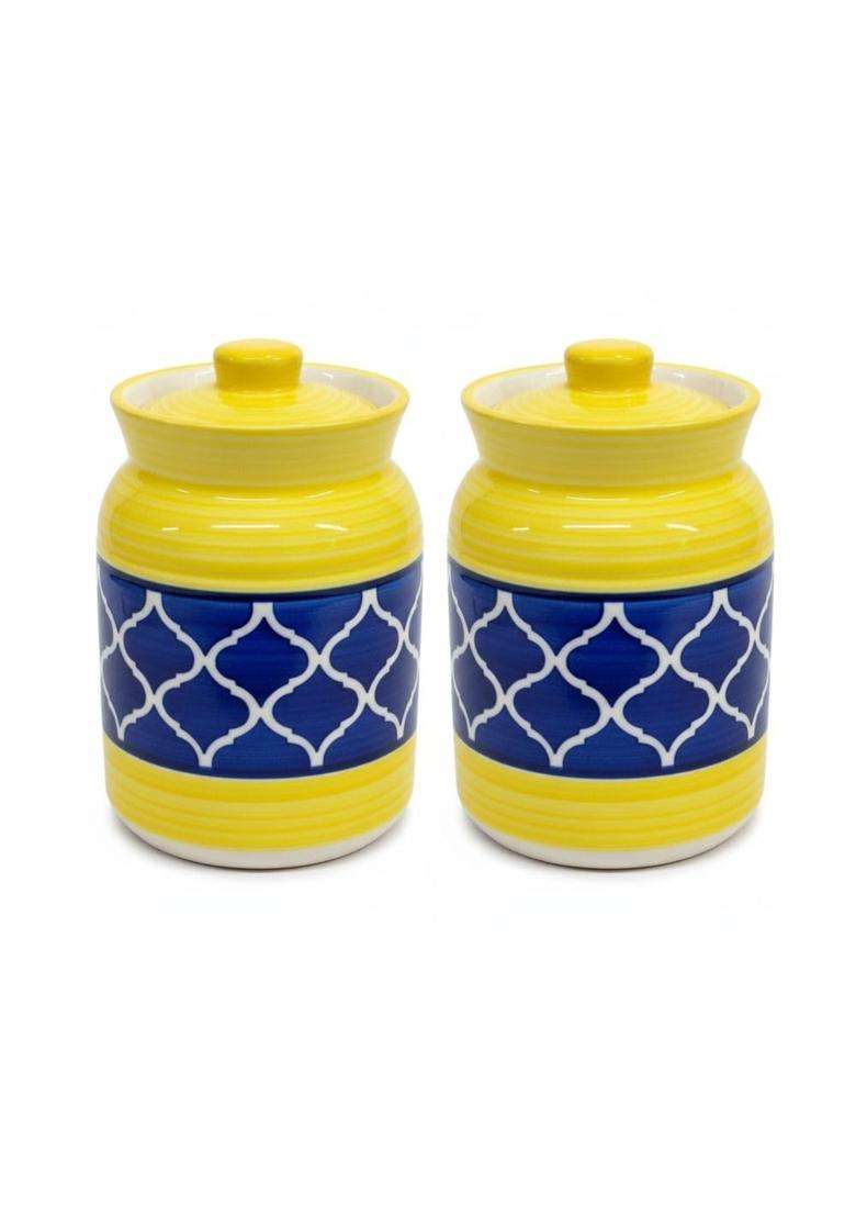 Kraftlik Handicrafts Pure Ceramic Pickle Jars with Unique Lids Multipurpose Barni for Chutney | 1000 ml | 33.8 fl oz | Pack of 2 - Indya
