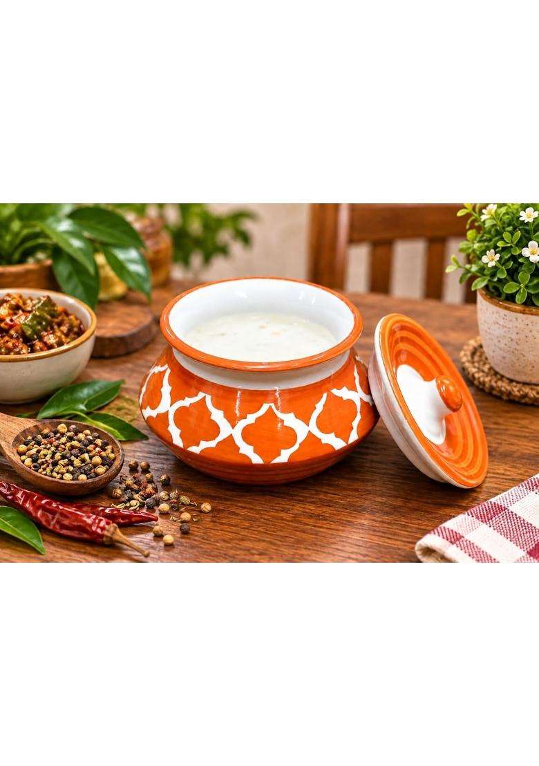 SHRIYAM CRAFT Ceramic Handi Cooking Pot Ceramic Handmade Pickle Jar Set with Lid Achar Handi Orange Color | 300 ml | 10.1 fl oz - Indya