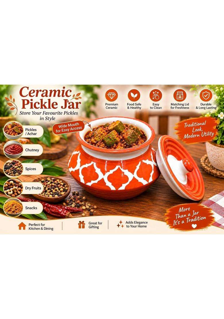 SHRIYAM CRAFT Ceramic Handi Cooking Pot Ceramic Handmade Pickle Jar Set with Lid Achar Handi Orange Color | 300 ml | 10.1 fl oz - Indya