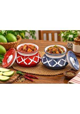 HC THE CRAFTS Ceramic Handmade Pickle Jar Pickels Containers Achar Handi Cooking Pot RED and GREY | 350 ml | 11.8 fl oz | Pack of 2