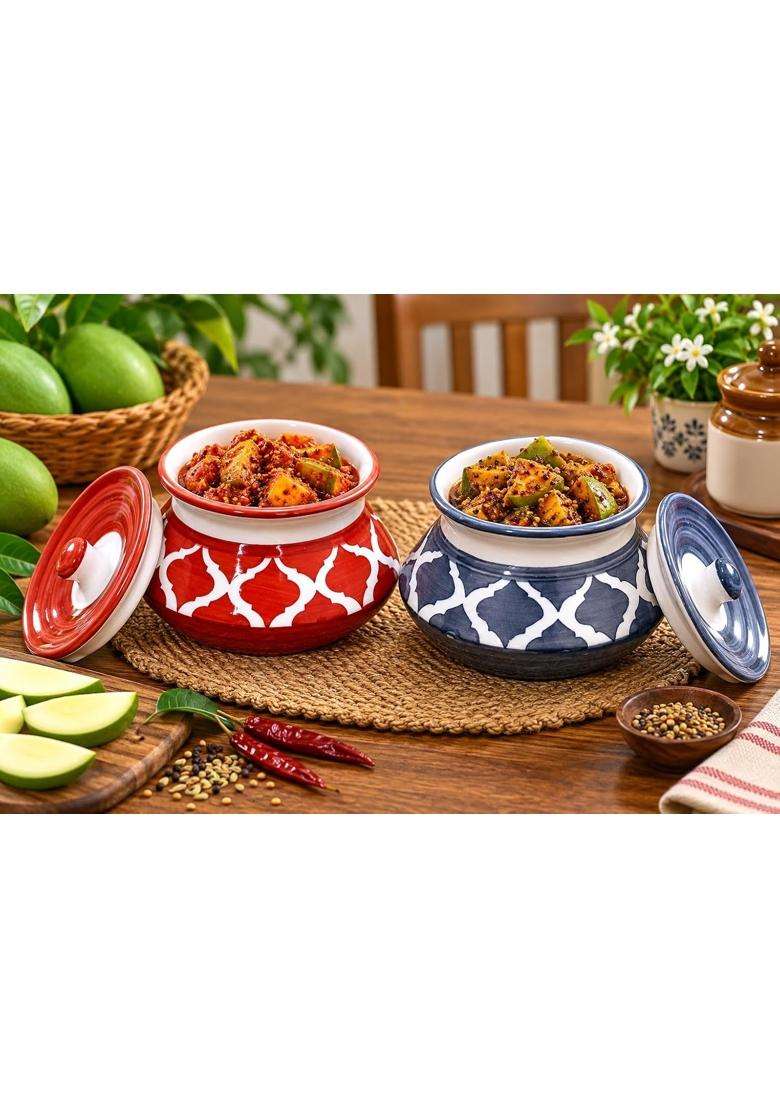 HC THE CRAFTS Ceramic Handmade Pickle Jar Pickels Containers Achar Handi Cooking Pot RED and GREY | 350 ml | 11.8 fl oz | Pack of 2 - Indya