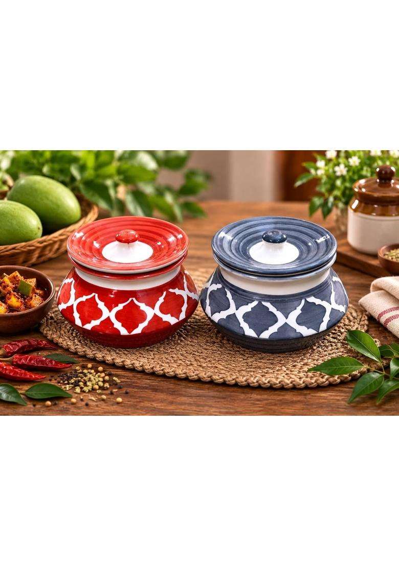 HC THE CRAFTS Ceramic Handmade Pickle Jar Pickels Containers Achar Handi Cooking Pot RED and GREY | 350 ml | 11.8 fl oz | Pack of 2 - Indya