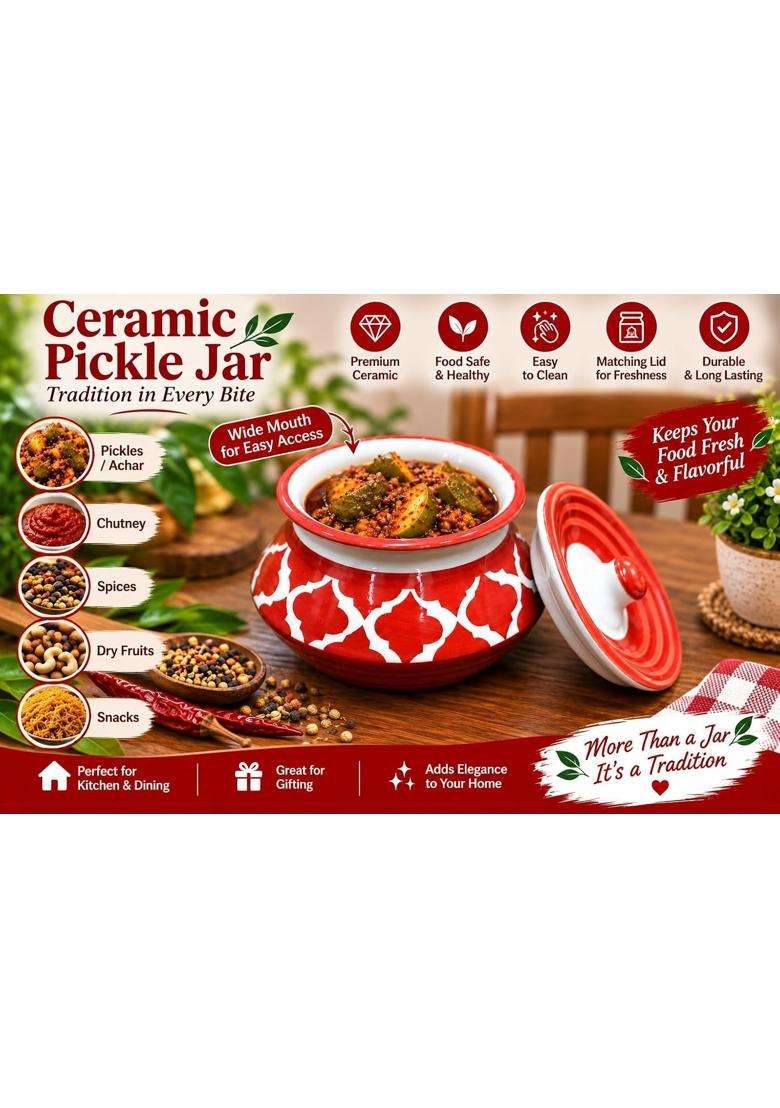 HC THE CRAFTS Ceramic Handmade Pickle Jar Pickels Containers Achar Handi Cooking Pot RED and GREY | 350 ml | 11.8 fl oz | Pack of 2 - Indya