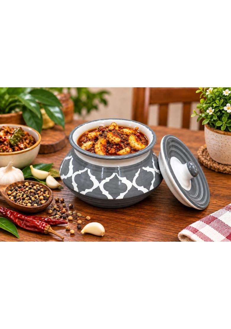 HC THE CRAFTS Ceramic Handmade Pickle Jar Pickels Containers Achar Handi Cooking Pot RED and GREY | 350 ml | 11.8 fl oz | Pack of 2 - Indya