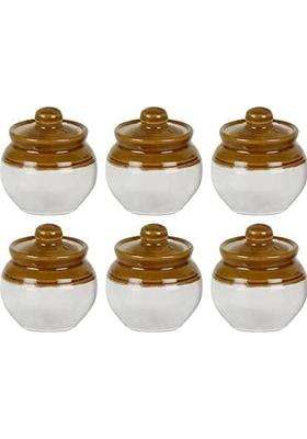 SHRIYAM CRAFT Ceramic Classic Pickle Stoneware Jar with Lid in Mustard Contemporary | 250 ml | 8.5 fl oz | 6-Piece Set