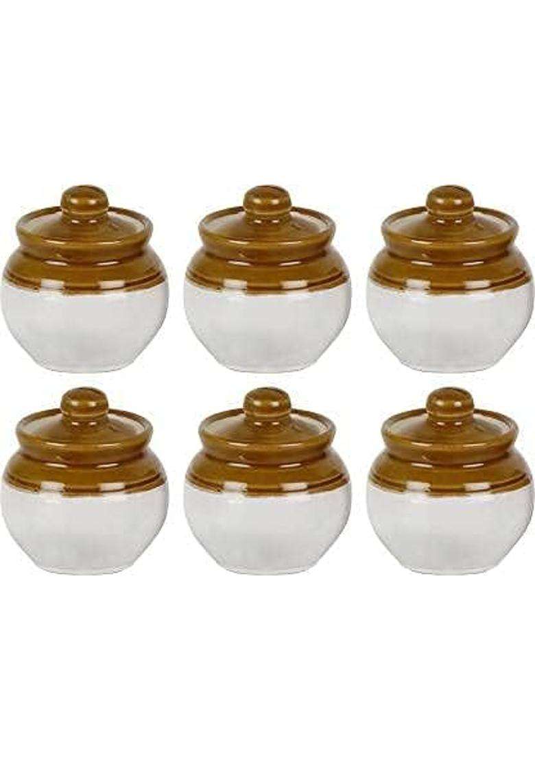 SHRIYAM CRAFT Ceramic Classic Pickle Stoneware Jar with Lid in Mustard Contemporary | 250 ml | 8.5 fl oz | 6-Piece Set - Indya