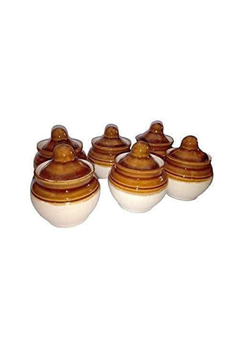 SHRIYAM CRAFT Ceramic Classic Pickle Stoneware Jar with Lid in Mustard Contemporary | 250 ml | 8.5 fl oz | 6-Piece Set - Indya