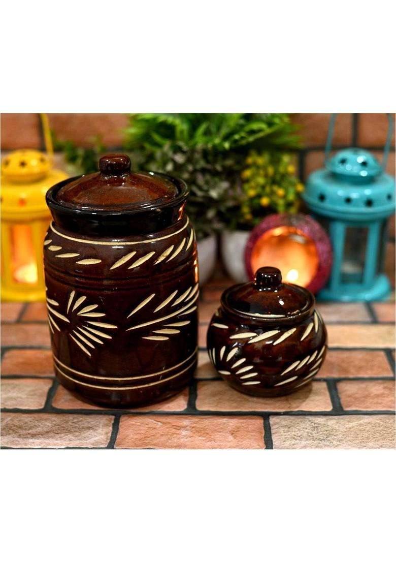 SHRIYAM CRAFT Ceramic Handmade Pickle Jar Set with Lid JARS | 300 ml | 10.1 fl oz - Indya
