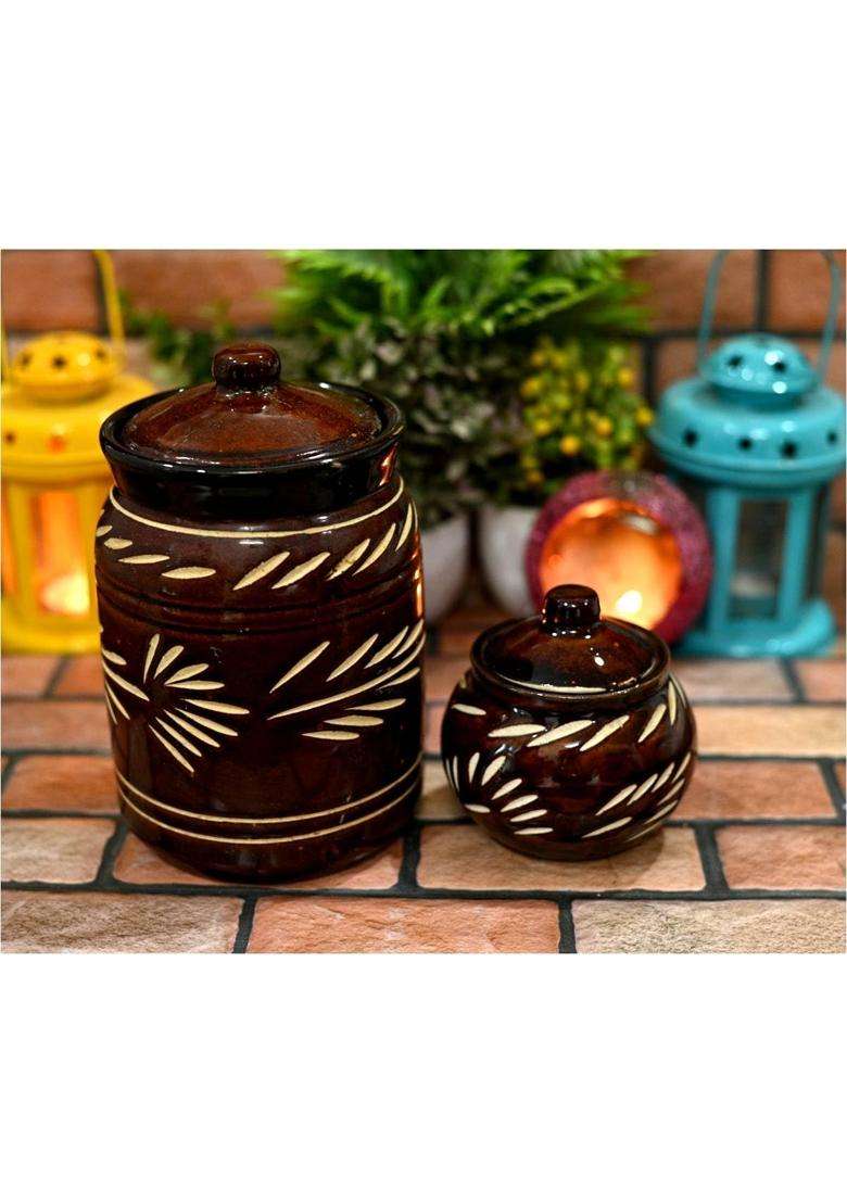 SHRIYAM CRAFT Ceramic Handmade Pickle Jar Set with Lid JARS | 300 ml | 10.1 fl oz - Indya