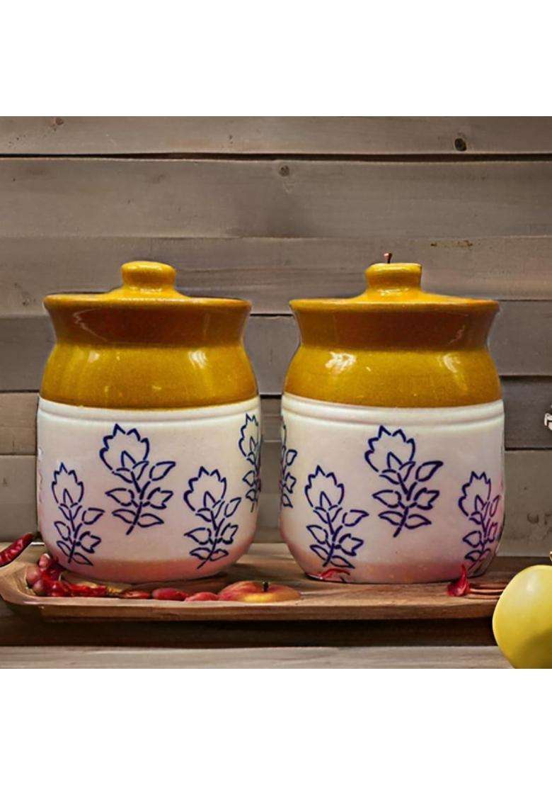 Kraftlik Handicrafts Ceramic Jars Table Pickle Jar Containers for Storage | 500 ml | 16.9 fl oz | Handcrafted | With Lid - Indya