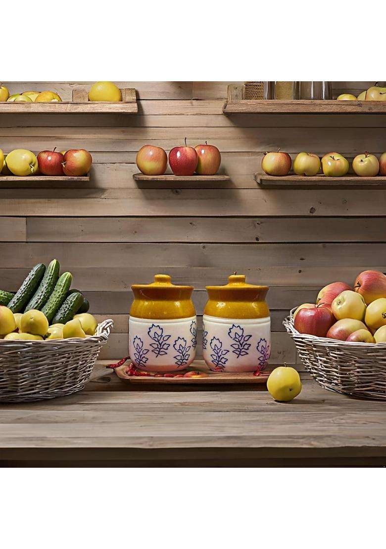Kraftlik Handicrafts Ceramic Jars Table Pickle Jar Containers for Storage | 500 ml | 16.9 fl oz | Handcrafted | With Lid - Indya