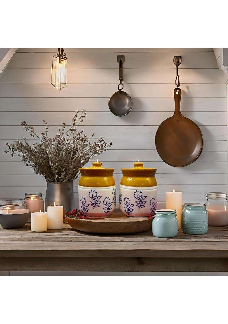 Kraftlik Handicrafts Ceramic Jars Table Pickle Jar Containers for Storage | 500 ml | 16.9 fl oz | Handcrafted | With Lid - Indya
