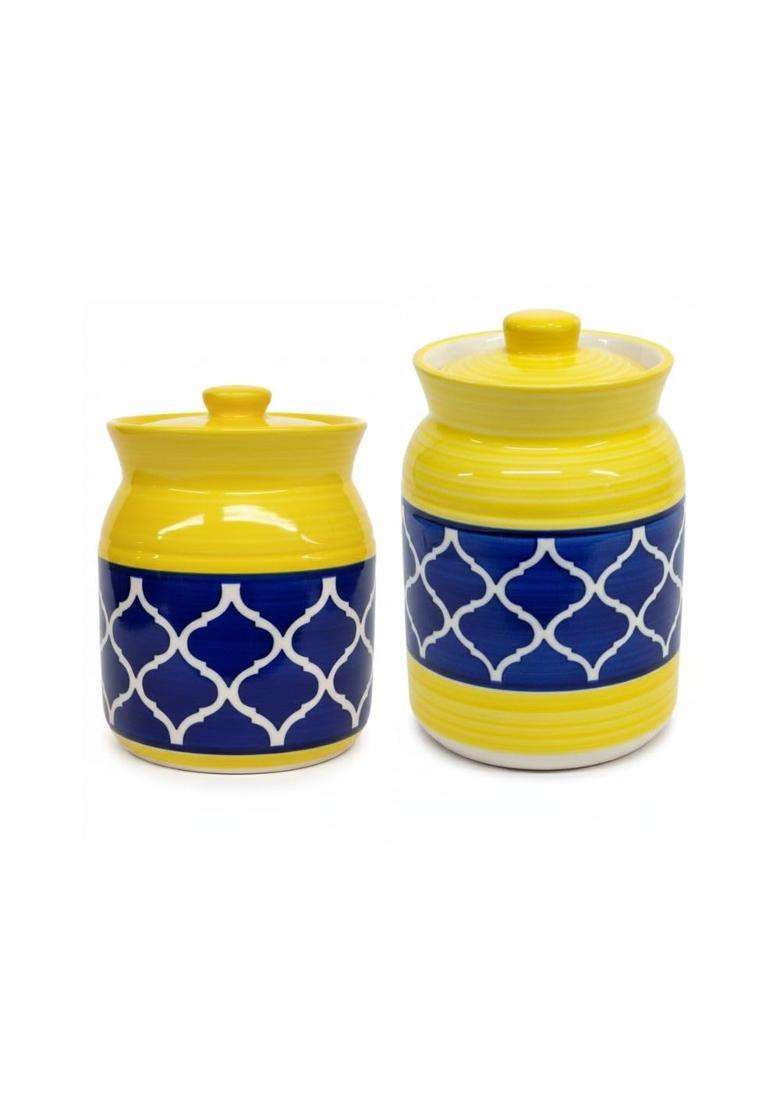 Kraftlik Handicrafts Pure Ceramic Pickle Jars with Unique Lids Multipurpose Barni for Chutney | 500 ml | 16.9 fl oz | Pack of 2 - Indya