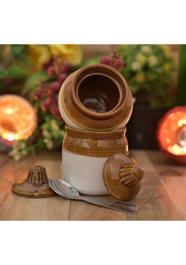 HC THE CRAFTS The Crafts Ceramic Small Size Pickle Jar with Lota Water Pot Shape 250 with Steel Spoon | 250 ml | 8.5 fl oz - Indya