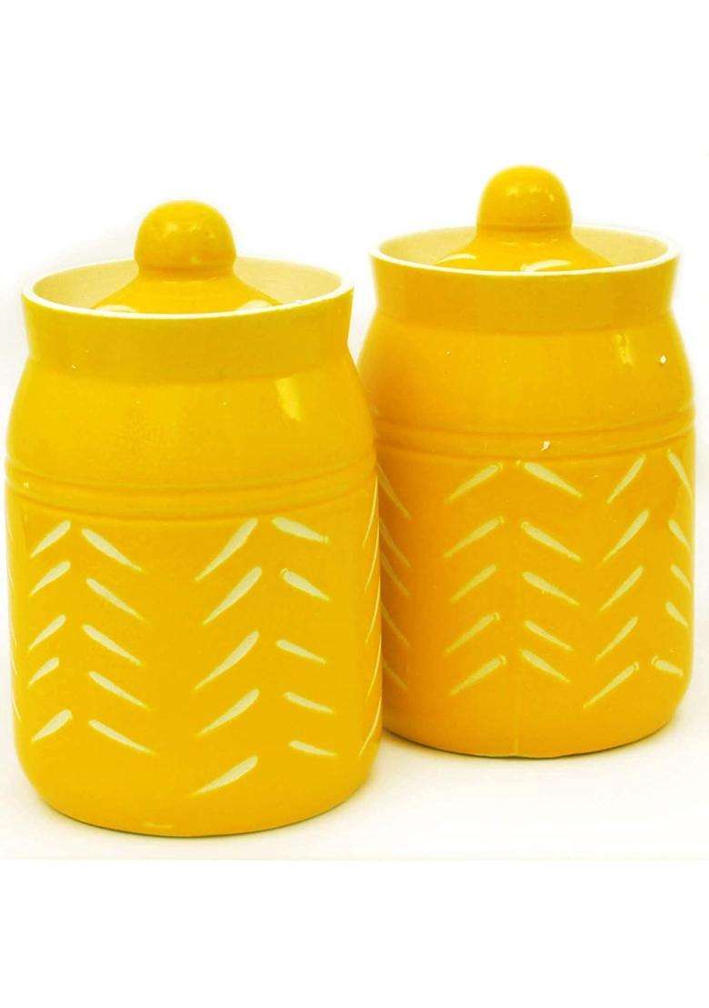 SHRIYAM CRAFTS Ceramic Jar with Lid Unique Design Food Storage Container in Yellow | 500 ml | 16.9 fl oz | Pack of 2 - Indya