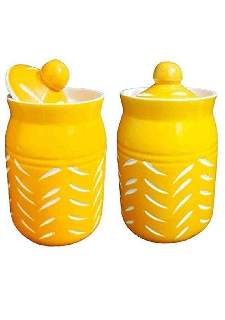 SHRIYAM CRAFTS Ceramic Jar with Lid Unique Design Food Storage Container in Yellow | 500 ml | 16.9 fl oz | Pack of 2 - Indya