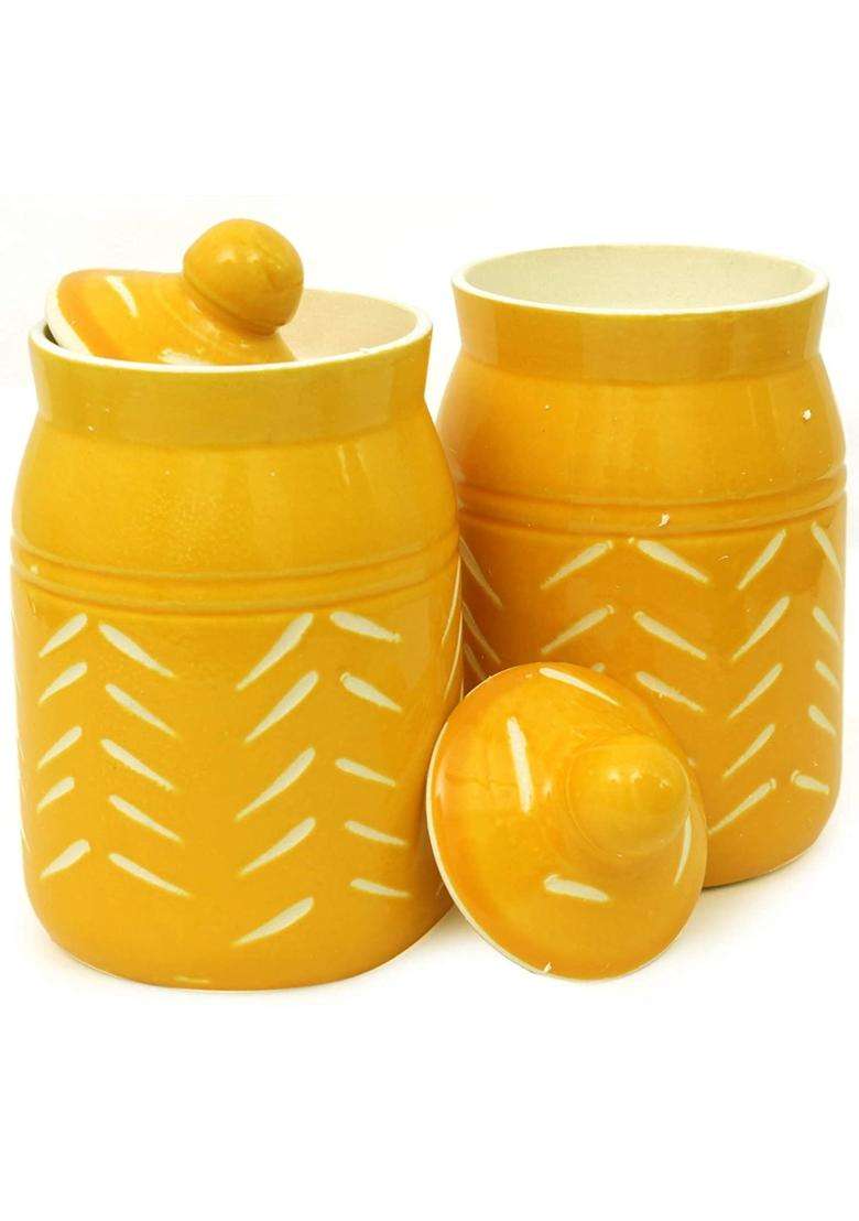 SHRIYAM CRAFTS Ceramic Jar with Lid Unique Design Food Storage Container in Yellow | 500 ml | 16.9 fl oz | Pack of 2 - Indya