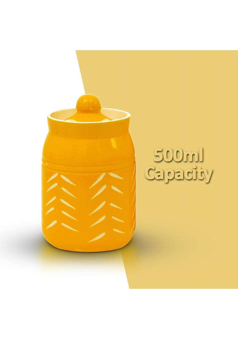 SHRIYAM CRAFTS Ceramic Jar with Lid Unique Design Food Storage Container in Yellow | 500 ml | 16.9 fl oz | Pack of 2 - Indya
