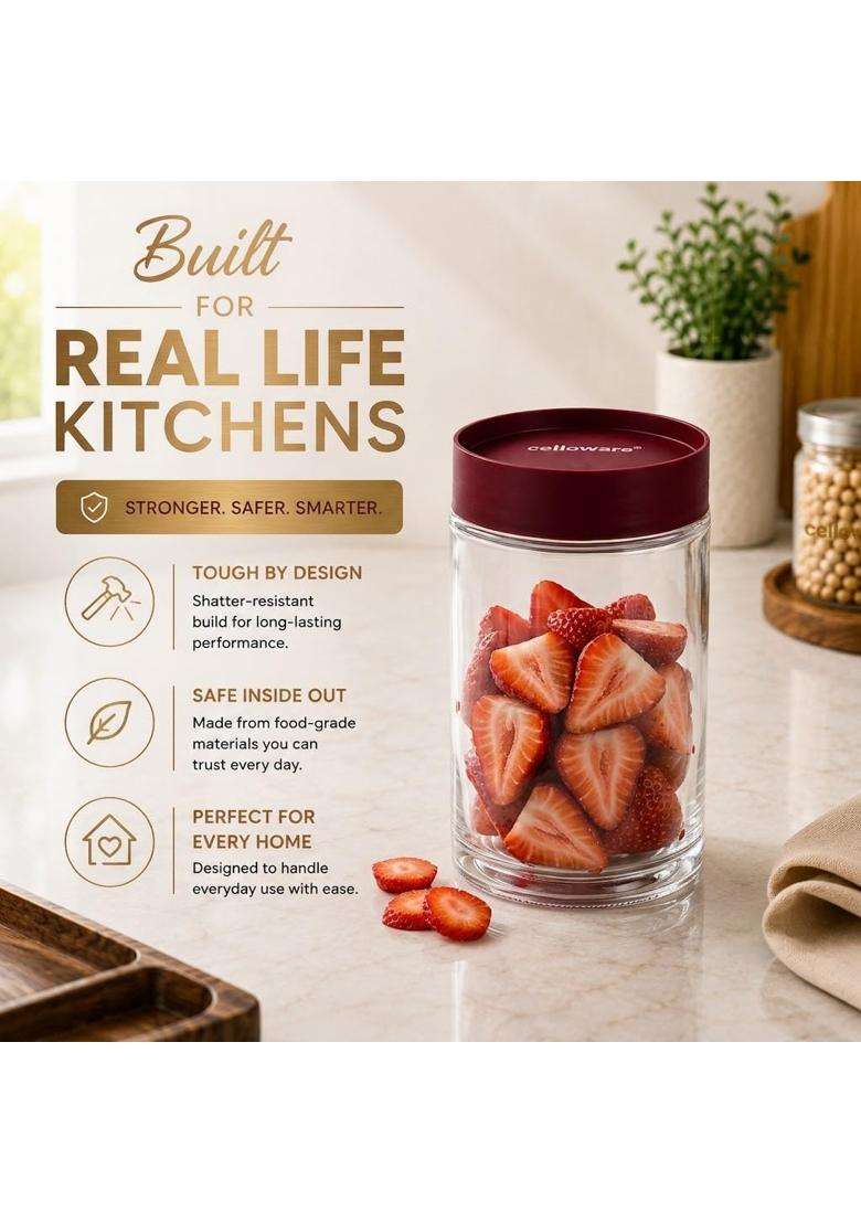 CELLO Modustack Glassy Storage Jars for Kitchen Maroon | 1000 ml | 33.8 fl oz | Lead Free - Indya