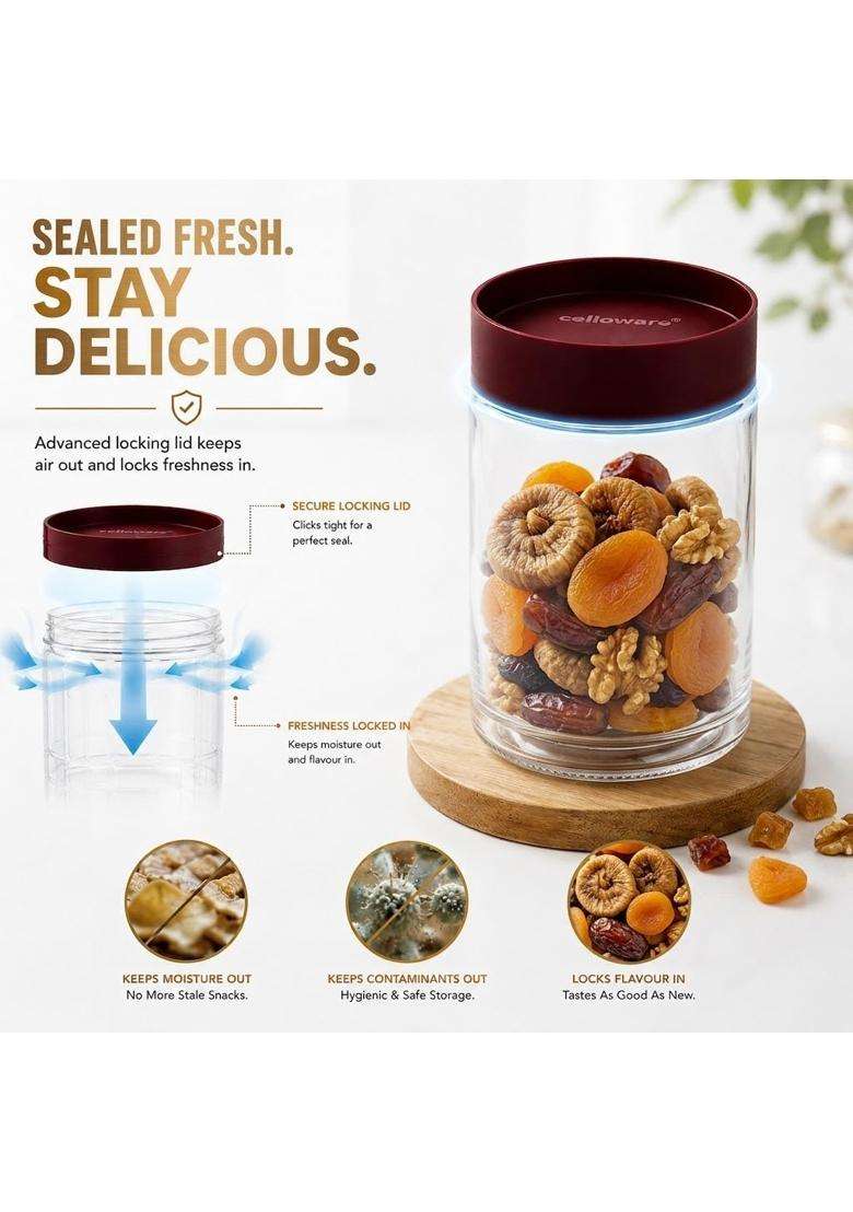 CELLO Modustack Glassy Storage Jars for Kitchen Maroon | 1000 ml | 33.8 fl oz | Lead Free - Indya