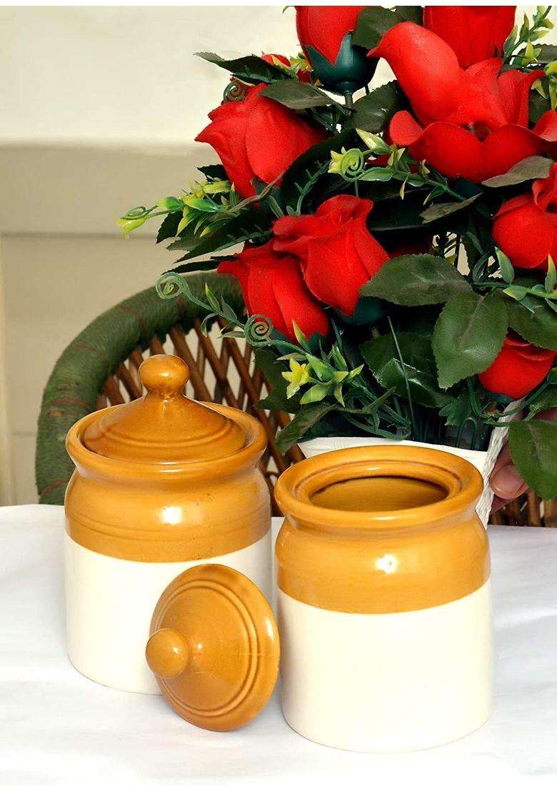 SHRIYAM CRAFT Old Fashioned Handmade Ceramic Pickle Jar Set with Lid | 500 ml | 16.9 fl oz | 2-Piece Set - Indya