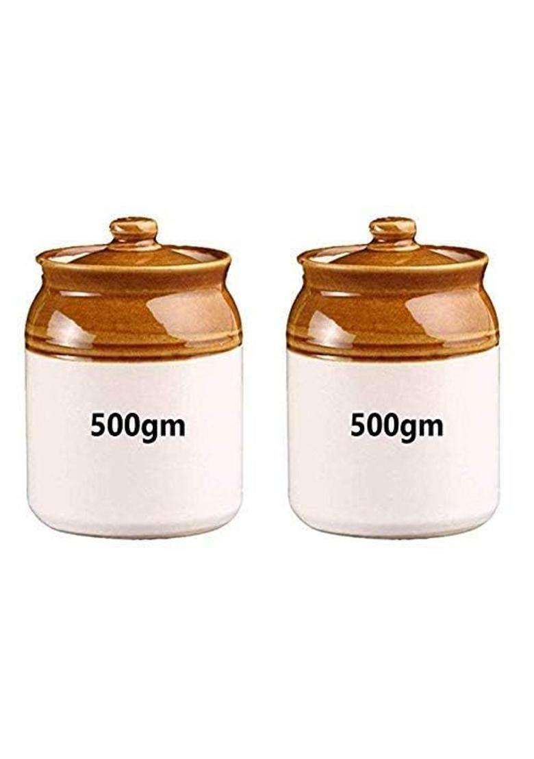 SHRIYAM CRAFT Old Fashioned Handmade Ceramic Pickle Jar Set with Lid | 500 ml | 16.9 fl oz | 2-Piece Set - Indya