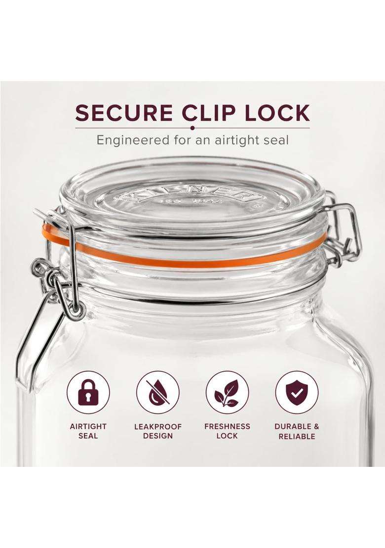 Kilner Premium Airtight Square Clip Top Glass Jar for Food Storage | 2 L | 2.1 Qt | BPA Free - Indya