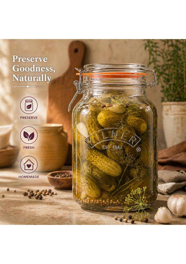 Kilner Premium Airtight Square Clip Top Glass Jar for Food Storage | 2 L | 2.1 Qt | BPA Free - Indya