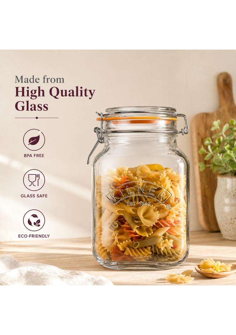 Kilner Premium Airtight Square Clip Top Glass Jar for Food Storage | 2 L | 2.1 Qt | BPA Free - Indya