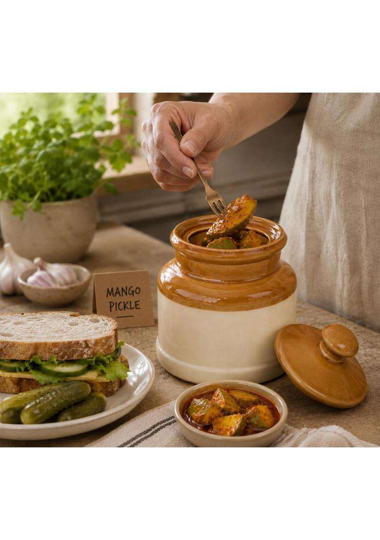 Pure Source India Ceramic Pickle Jar with Lid | 1 L | 1.1 Qt - Indya