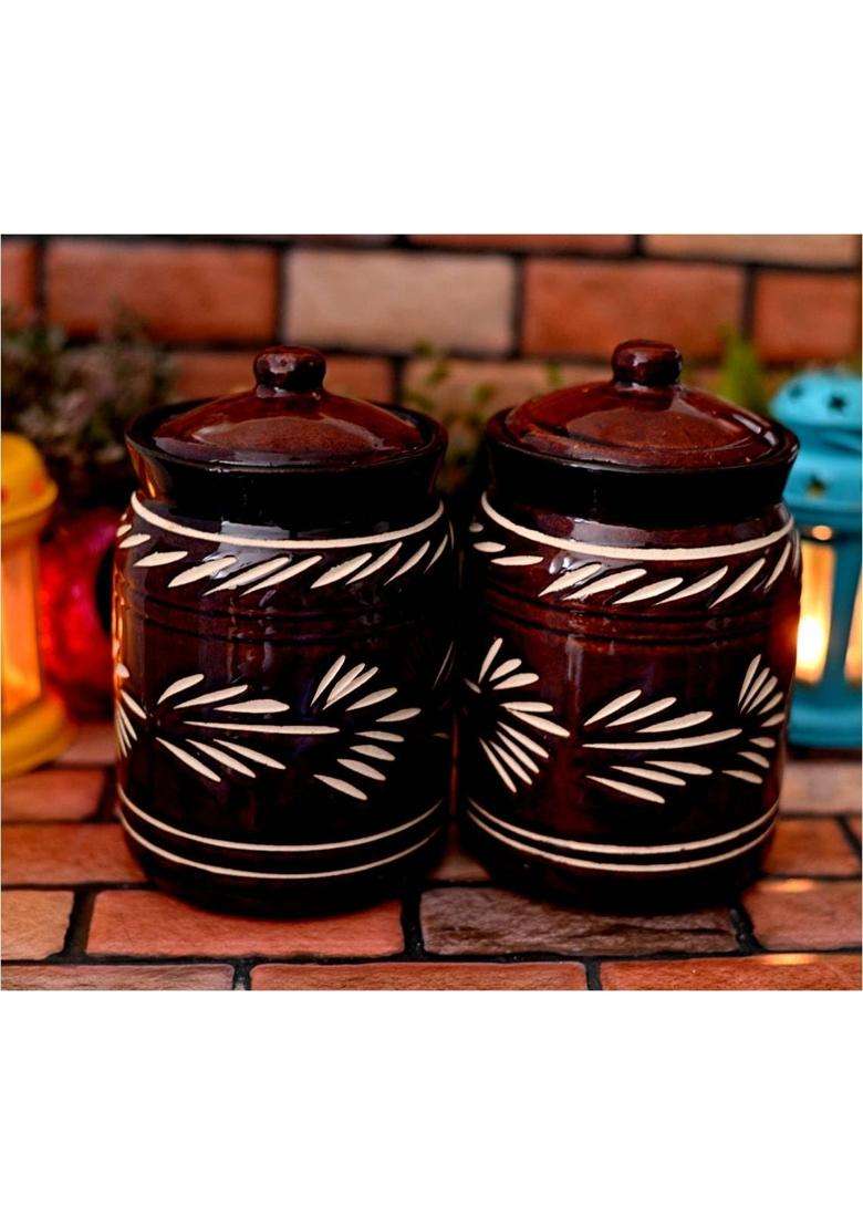 Jetwals Ceramic Handmade Pickle Jar Set with Lid JARS | 1000 ml | 33.8 fl oz | Pack of 2 - Indya