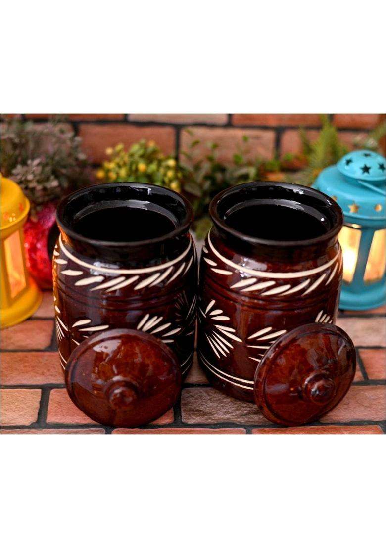 Jetwals Ceramic Handmade Pickle Jar Set with Lid JARS | 1000 ml | 33.8 fl oz | Pack of 2 - Indya
