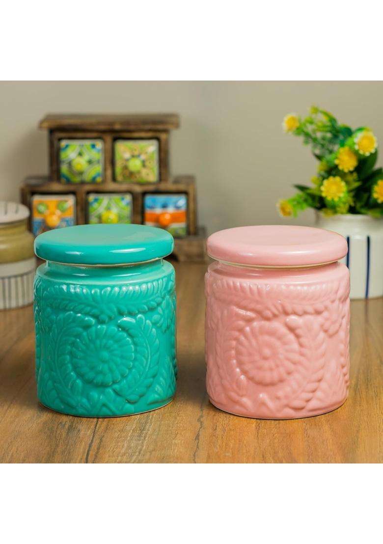 ClayStone Ceramic Embossing Jar Set Handmade | 1000 ml | 33.8 fl oz | Pack of 2 - Indya