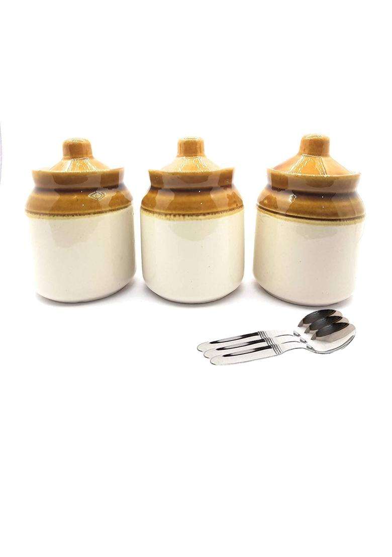 HC THE CRAFTS The Crafts Ceramic Handmade Pickle Jar Set with Lid | 200 ml | 6.8 fl oz | Pack of 3 - Indya