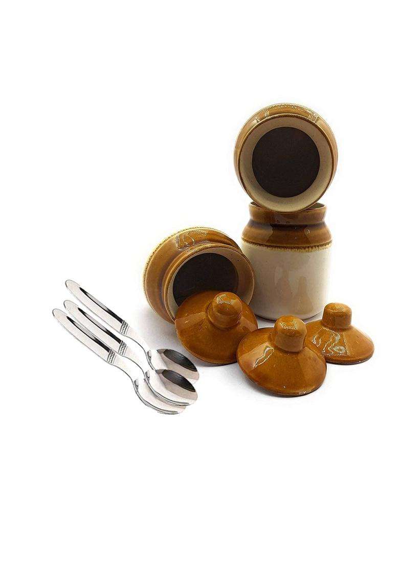 HC THE CRAFTS The Crafts Ceramic Handmade Pickle Jar Set with Lid | 200 ml | 6.8 fl oz | Pack of 3 - Indya