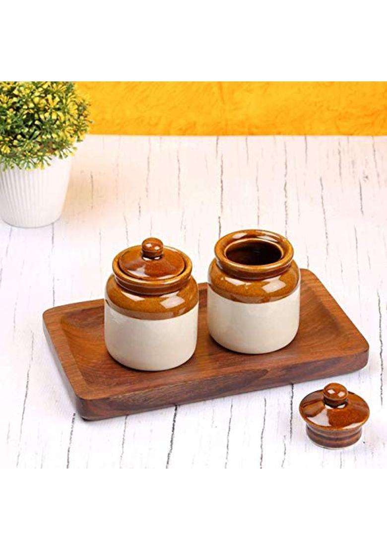 HC THE CRAFTS Jar for Pickle Ceramic Barni Container | 300 ml | 10.1 fl oz | Pack of 2 - Indya