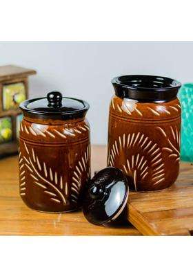 HC THE CRAFTS Dining Table Pickle Jar Ceramic Jars Containers Jars Brown Jars | 1000 ml | 33.8 fl oz | Pack of 2