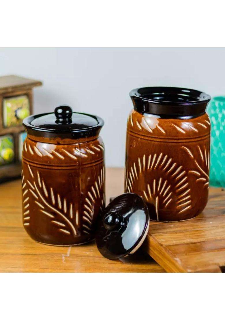 HC THE CRAFTS Dining Table Pickle Jar Ceramic Jars Containers Jars Brown Jars | 1000 ml | 33.8 fl oz | Pack of 2 - Indya