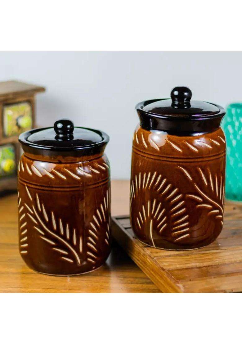 HC THE CRAFTS Dining Table Pickle Jar Ceramic Jars Containers Jars Brown Jars | 1000 ml | 33.8 fl oz | Pack of 2 - Indya