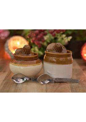 Jetwals Ceramic Pickle Jar Set with Lid Round JAR and LOTA Water Pot with Steel Spoon | 200 ml | 6.8 fl oz | Pack of 2