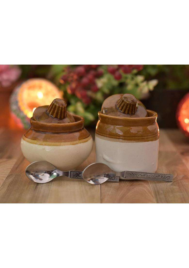 Jetwals Ceramic Pickle Jar Set with Lid Round JAR and LOTA Water Pot with Steel Spoon | 200 ml | 6.8 fl oz | Pack of 2 - Indya