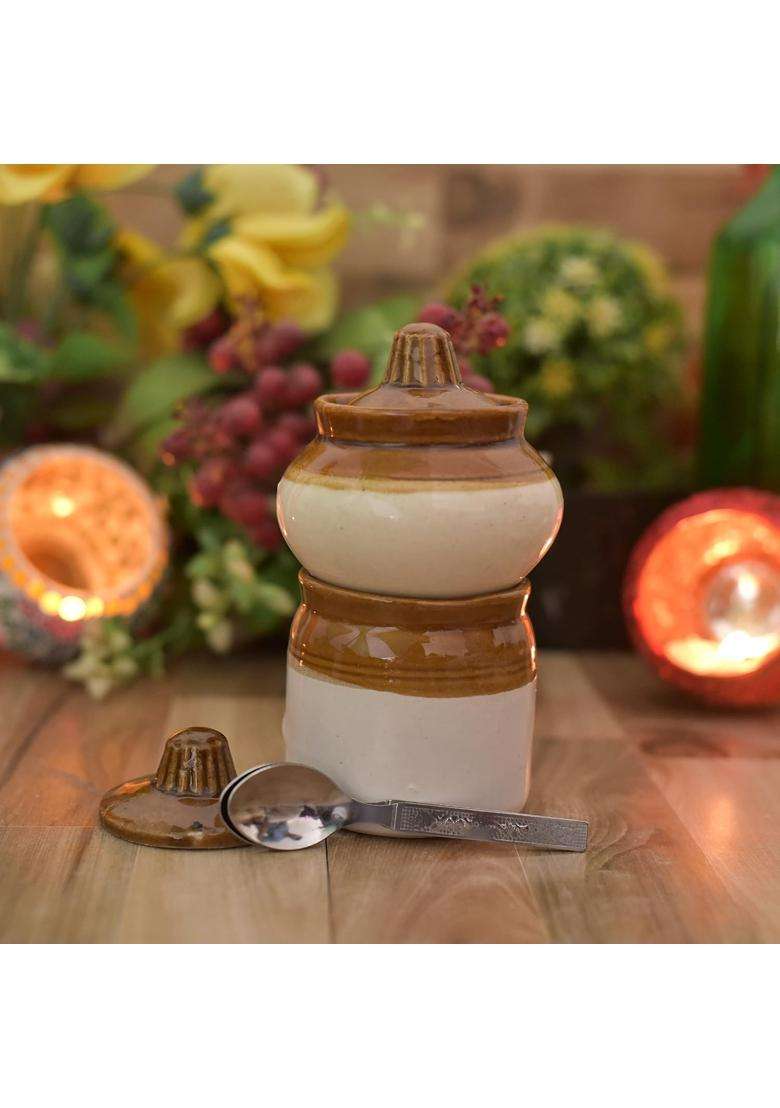 Jetwals Ceramic Pickle Jar Set with Lid Round JAR and LOTA Water Pot with Steel Spoon | 200 ml | 6.8 fl oz | Pack of 2 - Indya