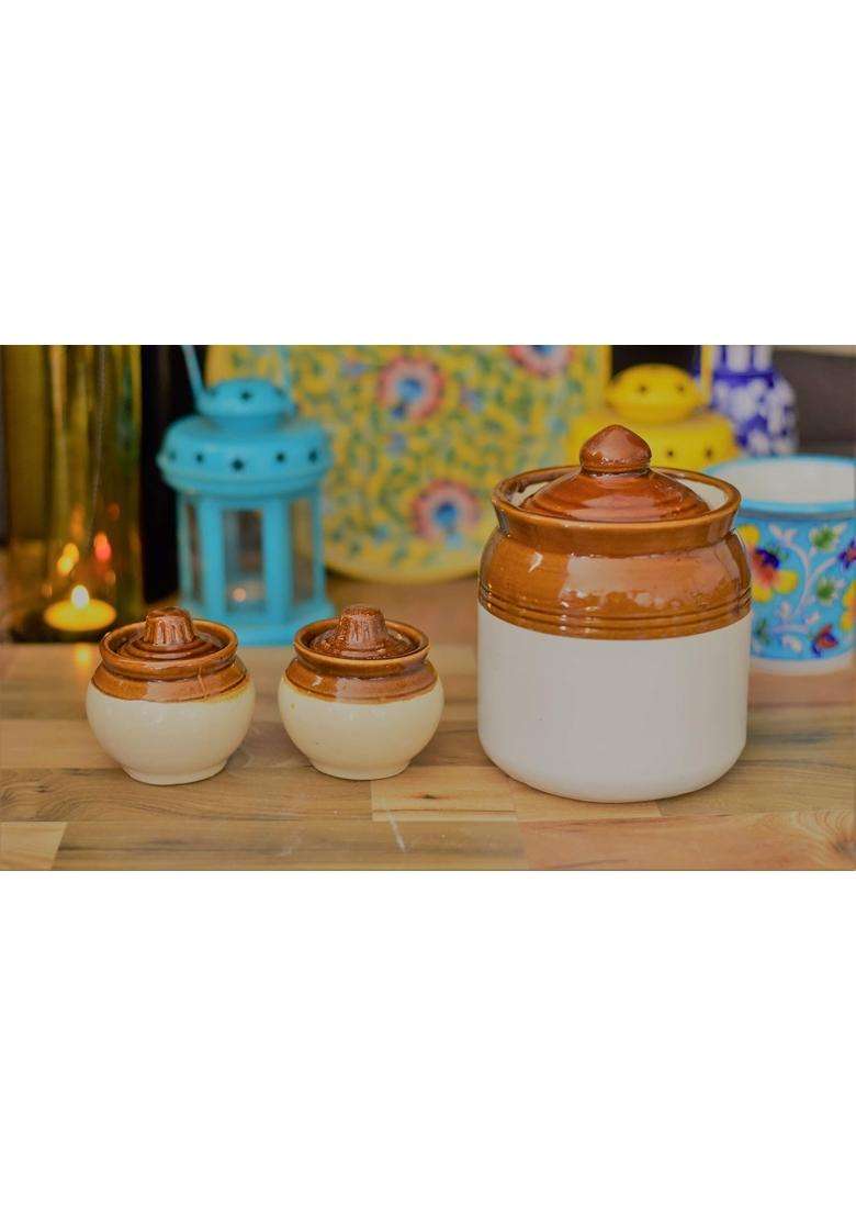 HC THE CRAFTS Old Fashioned Handmade Ceramic Pickle Jar Set with Lid | 800 ml | 27.1 fl oz - Indya