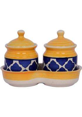 Kraftlik Handicrafts Kreative Homes Ceramic Jars with Lid and Holding Tray Multipurpose Barni | Pack of 2