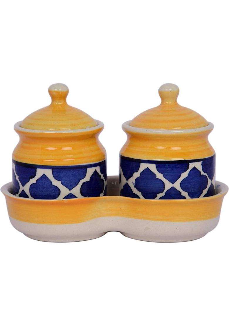 Kraftlik Handicrafts Kreative Homes Ceramic Jars with Lid and Holding Tray Multipurpose Barni | Pack of 2 - Indya