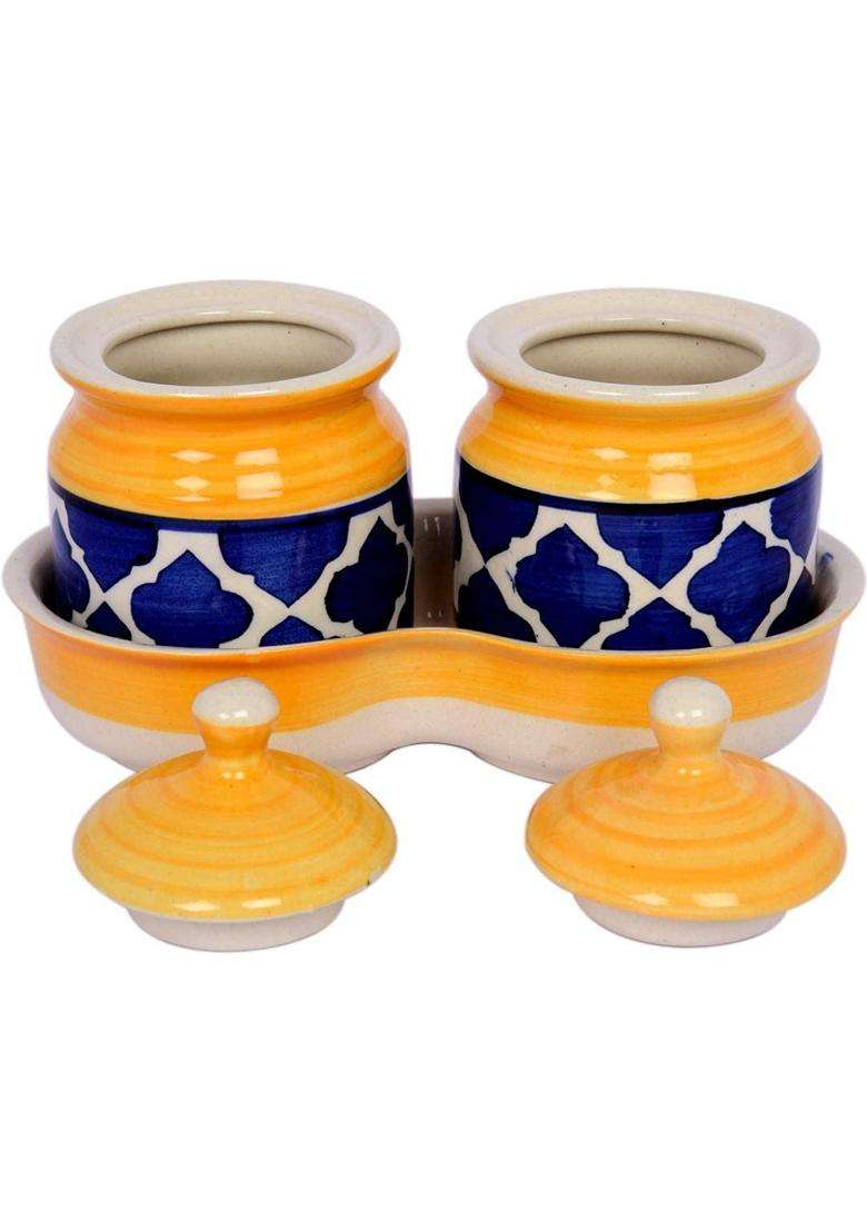 Kraftlik Handicrafts Kreative Homes Ceramic Jars with Lid and Holding Tray Multipurpose Barni | Pack of 2 - Indya