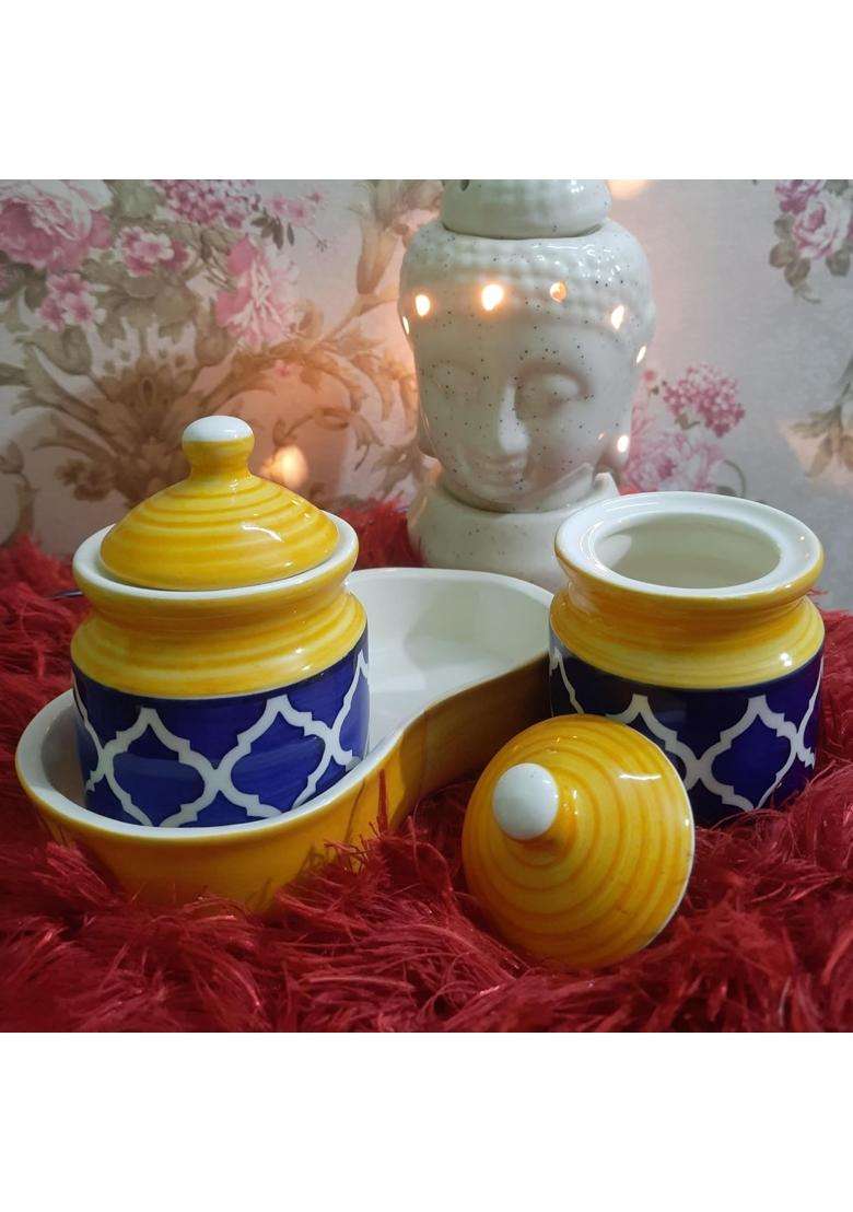 Kraftlik Handicrafts Kreative Homes Ceramic Jars with Lid and Holding Tray Multipurpose Barni | Pack of 2 - Indya