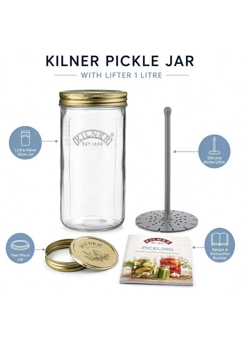 Kilner Premium Glass Pickle Jar with Lifter and Screw Lid for Pickles | 1 L | 1.1 Qt - Indya